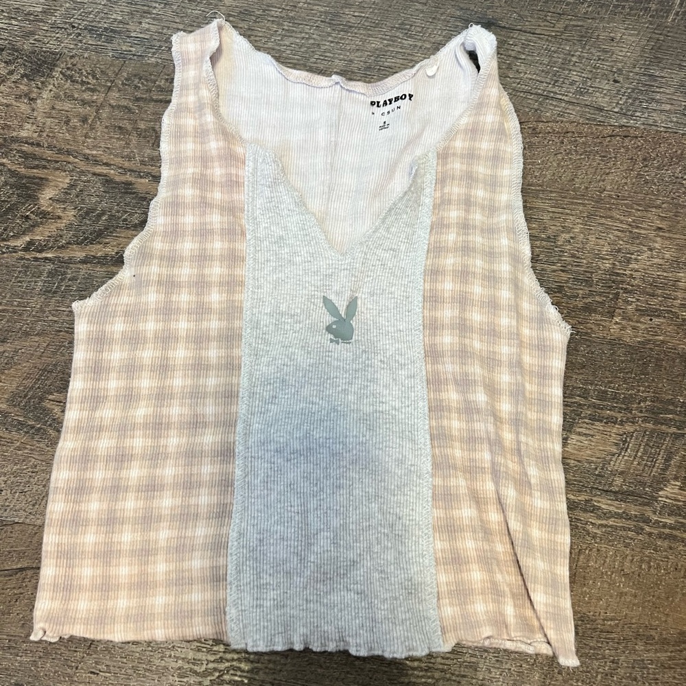 PLAYBOY Checkered Beige and Gray Tank Top